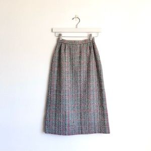 Vintage Ziba Green / Pink Tweed 100% Wool Midi Skirt Size 2